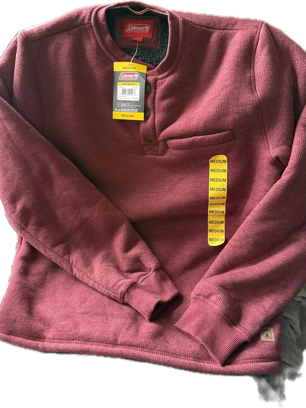 Coleman Men's Long-Sleeve Henley Pull Over Red Crimson Burgundy M Sherpa Lined